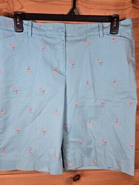 Talbots Perfect Shorts 10 Turquoise All Over Embroidered Flamingos Summer Beach